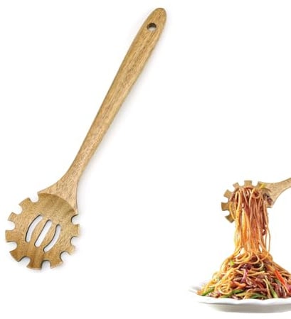 PHMING Spaghettilöffel, 33 cm Holz Spaghettizange Hängbar, Nudellöffel mit Zähnen, Nudelkelle Hohe Qualität mit Aufhängeöse, für Pasta, Teigtaschen und Fleisch