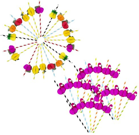 GWAWG 50Pcs Flamingo Fruits Hawaiian Paper Straws, Colourful Cocktail Party Disposable Straws Accessories Drink Decoration for Bar Tropical Party Beach Pool