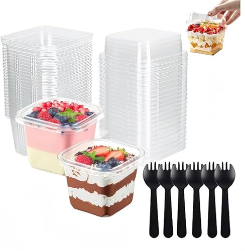 CAASFOOY Tazas de postre cuadradas transparentes, 50 unidades de 8 oz tazas vasos de postre, una porción para dulces, comida con tapa y cuchara, para pudines, helados, mousses