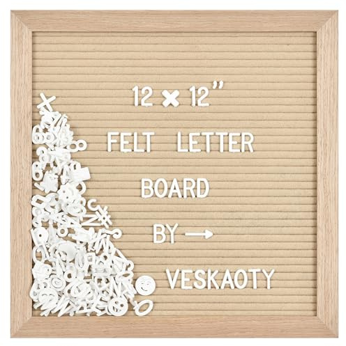 Filz-Buchstabenbrett mit 460 Buchstaben, Zahlen und Symbolen, 30,5 x 30,5 cm, austauschbares Nachrichtenbrett mit Holzrahmen, Wandhalterung, Haken (Beige)
