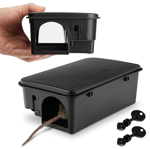 DETRAPS Profi Rattenköderstation (2 Stück) – Abschließbare Köderbox gegen Ratten & Mäuse mit Schlüssel & Warnaufklebern – Wetterfest, kindersicher – Ohne Gift – 23×13×7 cm