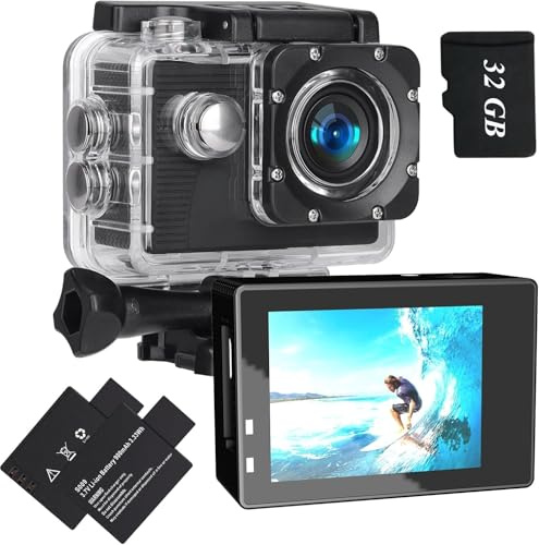 Xilecam Action Cam 1080P con scheda da 32 GB Telecamera Moto, Macchina Fotografica Subacquea impermeabile 40M, Fotocamera Subacquea con 2 x Batterie Ricaricabili e Kit Accessori(Nero)