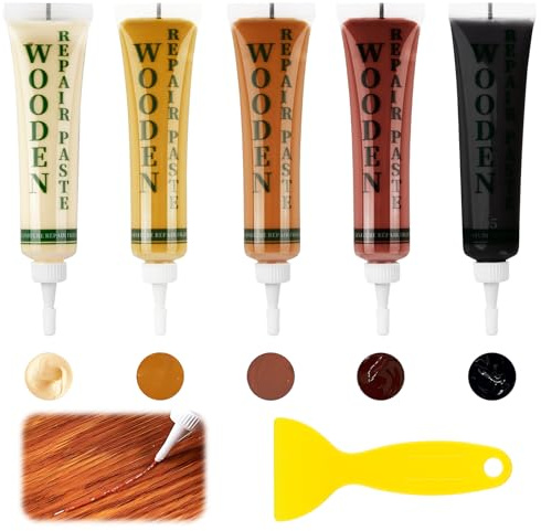 Kit de Réparation de Meubles en Bois, 5 Couleurs Pate a Bois Rebouchage Pour Érable, Teck, Acajou, Noyer et Noir, Réparation De Rayures pour rayures, trous, taches, fissures, facile à utiliser