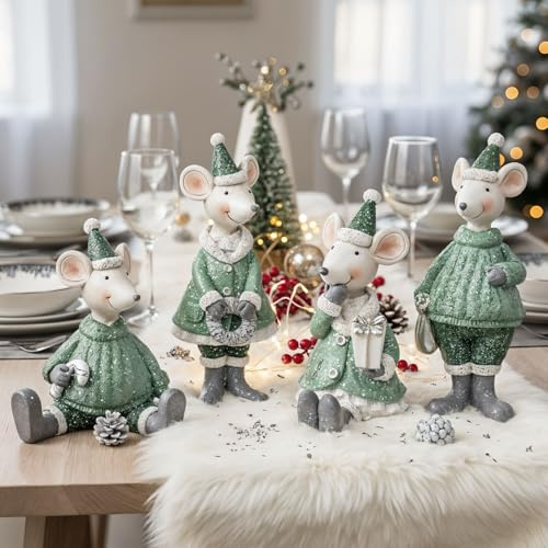 levandeo 4er Set Mäuse Figuren Weihnachten Deko Kunstharz Grün Weiß Weihnachtsdeko Deko Maus Mäuserich Weihnachtsschmuck