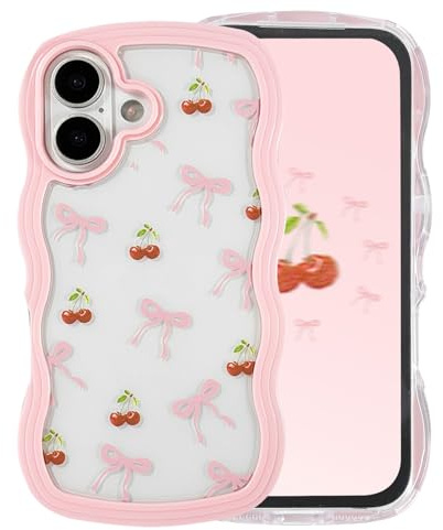 Draamvol for iPhone 16 Case Cute Curly Wave Frame Clear Phone Case Shockproof Pink Hard PC Bumper Soft Anti-Yellowing TPU Silicone Cover for Women Girls, Bow Cherry