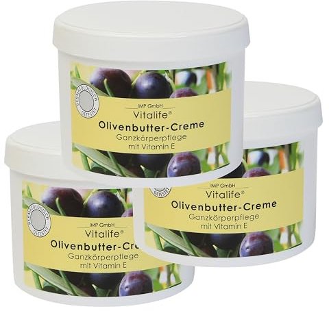 Vitalife Olivenbutter Ganzkörperpflege mit Vitamin E – feuchtigkeitsspendende Creme für trockene, empfindliche & rissige Haut, antibakteriell & pflegend – 500 ml (3er-Pack)
