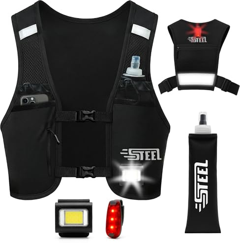 Gilet Running d'hydratation Réfléchissant LED Recheargeable, Porte-Bouteille d'eau, Ajustable, Gilet léger, Gourde d'hydratation de 500 ML pour randonnée, Trail
