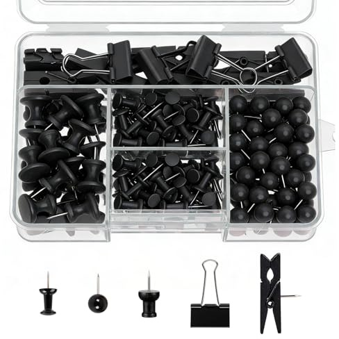 200 Pcs Black Push Pins with Storage Box | 5 Style Reusable Drawing Pins Thumb Tacks for Cork Board Bulletin Board, Hooks for Pictures Photos School Use