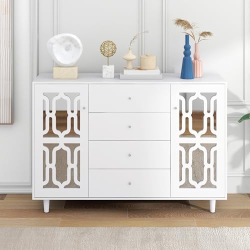 QXJVA Buffet haut blanc miroir 148 cm Commode de luxe 4 tiroirs 2 portes buffet poignées en cristal Armoire de salon, salle à manger, buffet, armoire moderne en verre, grand espace de rangement
