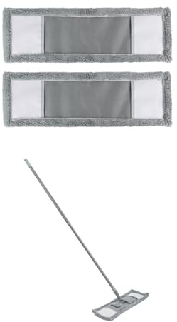 JVL Extended Microfibre Mop with 2 Replacement Heads – Flat Floor Cleaner with Long Handle – Machine Washable & Reusable – Grey