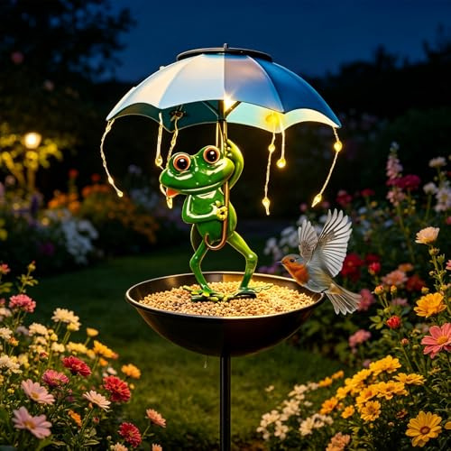 Solar Gartenfiguren für Draußen Wetterfest, Futterhaus Solar mit Led Lampe, Schildkröte Gartendeko mit Regenschirm & Solarlicht, Wasserdicht für Garten Terrasse Rasen Teiche
