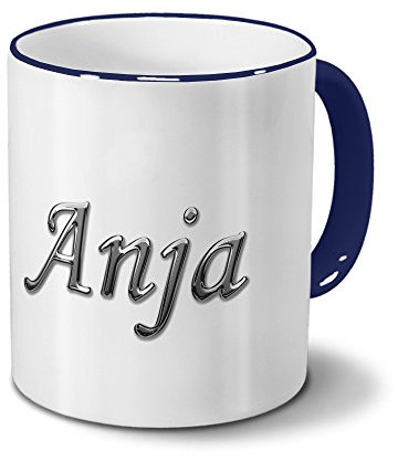 printplanet Tasse mit Namen Anja - Motiv Chrom-Schriftzug - Namenstasse, Kaffeebecher, Mug, Becher, Kaffeetasse - Farbe Blau