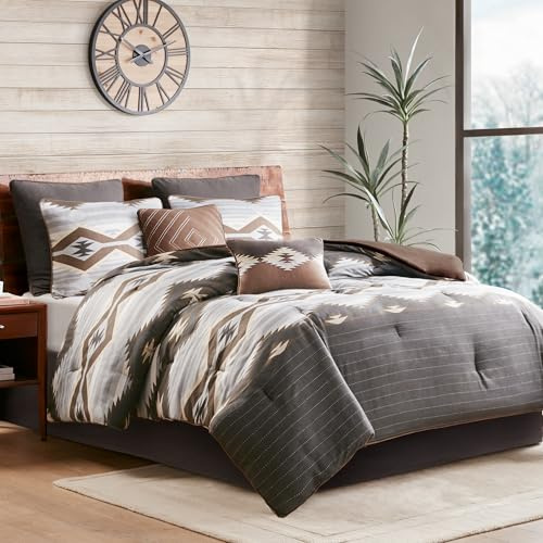 Woolrich King Comforter Set, Southwestern Aztec 8 Piece Bedding Set, Oversized All Season Down Alternative Comforter with Shams, Euro Shams, Decorative Pillows & Bedskirt, Rustic Cabin, Grey Brown