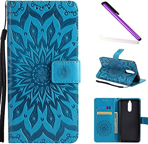COTDINFOR Huawei Mate 10 Lite Protective Standing Hülle Elegant PU Tasche Leder Flip Schutzhülle im Bookstyle Kartenfächer Magnet Etui Schale für Huawei Mate 10 Lite Blue Sunflower KT