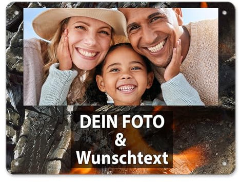 Tassendruck Blech-Schild mit Foto und Text selbst gestalten/Personalisierbar mit eigenem Bild als Metall-Poster / A5 (15x20cm) im Querformat/Asche 2