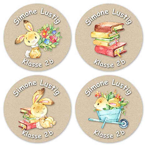 Papierdrachen 24 individuelle Namensaufkleber zum Markieren von Heften und Schul-Büchern - Hase mit Büchern - personalisierte Sticker für Kinder - Geschenk zur Einschulung - Schulbuchetiketten