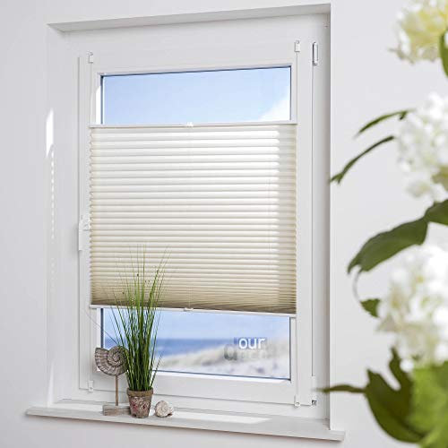 ourdeco® Plissee Easy / 60 x 130 cm Sand/lichtdurchlässig/Klemmen=Montage ohne Bohren=Smartfix=Klemmfix-Plissee=Easy-to-fix