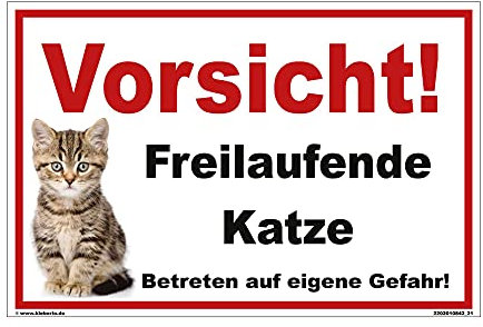 kleberio® Katzenschild Kunststoff - Vorsicht Freilaufende Katze! Betreten auf eigene Gefahr! - 30 x 20 cm Warnschild Katze Vorsicht Katze Gartendeko Katze Schild für Briefkasten Gartenschilder