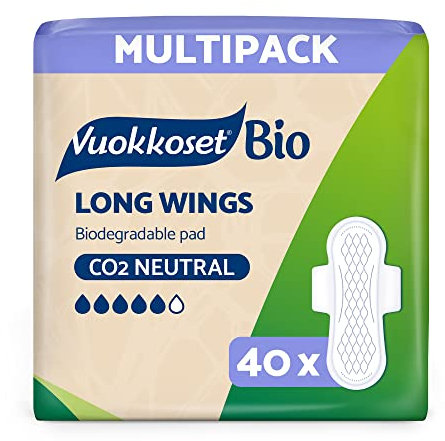 Vuokkoset Eco Long Wings - Biodegradable Thin 11.2 Inch Sanitary Towel Multipack 40 pcs for Sensitive Skin | Organic Cotton | Free of Dyes, Fragrances & Chlorine | Eco-Friendly, Absorbent Core |