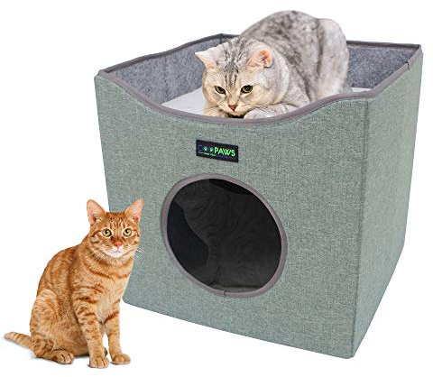 JESPET Foldable Cat Condo & Sleeping Bed with Lying Surface and 2 Reversible Cushions, Cat Hiding Place & Cave, Linenette Fabric, Felt & Engineered Wood, Scratch Resistant