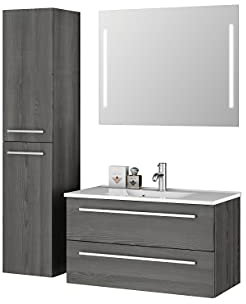 Sieper I Badmöbel Set Libato, Waschtisch mit Unterschrank 90 x 50 cm, Hochschrank und Badspiegel I Pinie Schwarz