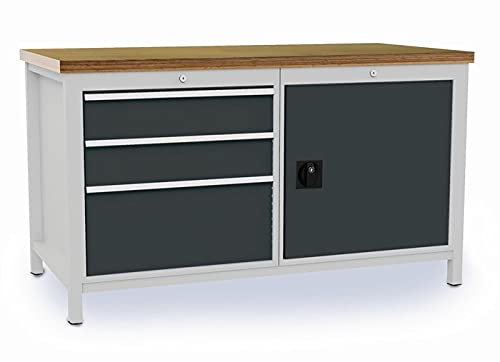 Werkbank B1500xT750xH859mm Buche Multiplex lichtgrau grau 3 Schubl.1 Tür