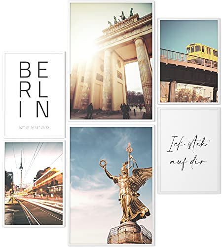 Papierschmiede® Mood Poster Set Berlin, Fertiges Bilder Set mit Rahmen (Holz, weiß), Wohnzimmer Deko Schlafzimmer, 2x DIN A4 und 4x DIN A5, Hauptstadt Brandenburger Tor