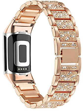 ahayo Damen Armband für Fitbit Charge 5, Metalllegierung mit funkelnden Kristallen Bling Schnellverschluss Uhrenarmband für Fitbit Charge 5 Aktivitäts Tracker (Roségold)
