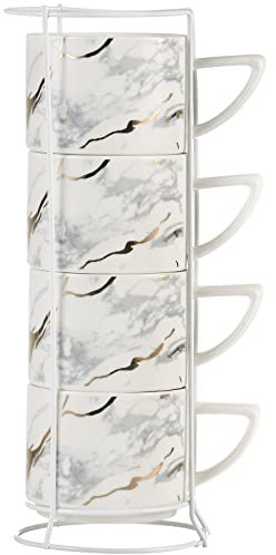 All-Pie Set di 4 tazze da caffè in ceramica con supporto per tazze da tè, impilabili, 210 ml, colore: bianco