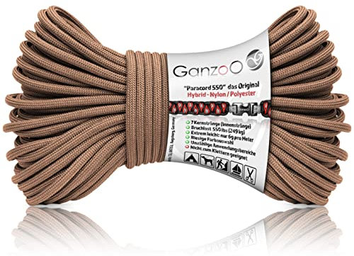 Ganzoo Paracord 550 Seil braun hell, 4mm, Typ 3, Nylon Polyester, Hybrid, Armband, Hunde-Leine, Hunde-Halsband knüpfen, ca. 250kg Bruchlast, Outdoor Rope, Camping Schnur, Allzweckseil, 30 Meter