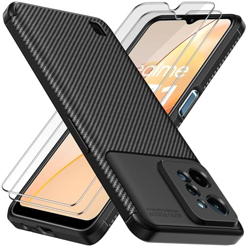 ivoler Hülle für Realme C31 mit 2 Stück Panzer Schutz Glas, Militärischer Stoßfest Kratzfest Handyhülle, Dünne Weiche TPU Silikon Schutzhülle Anti-Fingerabdruck Case, Schwarz