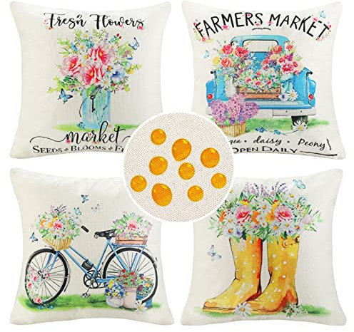 Cheekywares Outdoor Kissenbezug 40x40 Modern Sofakissen Frühling Kissenbezüge Wasserdicht Dekokissen Blume Bunt Lastwagen Fahrrad Zierkissenbezüge für Auto Büro Cafe Garten Wohnzimmer, 4er Set