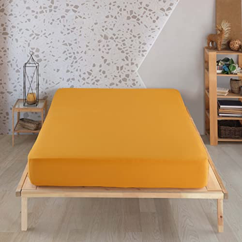 Vency Drap-Housse en Jersey de qualité supérieure, 160 x 200 cm, Jaune Moutarde, 100% Coton, Drap de 160 x 200 à 35 cm, Hauteur du Matelas Jaune Moutarde