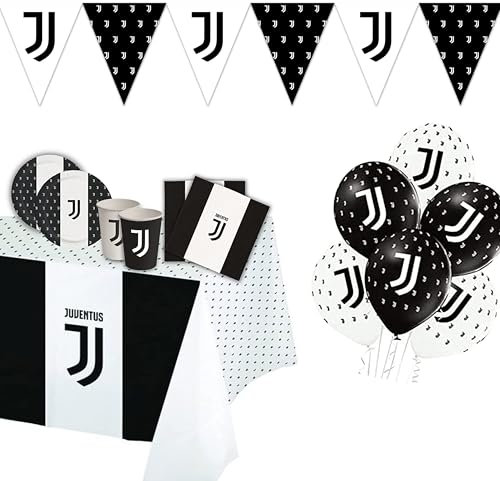 Lage Kit per Festa di Compleanno a Tema Juventus - Set per Decorazioni Calcio Bianconero da tavola Addobbi per 24 Persone (1 Tovaglia - 12 Palloncini - 24 Piatti - 40 Tovaglioli - 12 Bandierine)