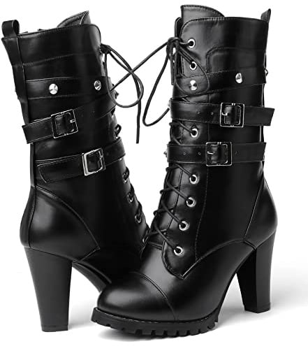 Susanny Stiefel mit hohem Absatz für Damen, Plateau-Stiefel, sexy, runde Zehenpartie, Schnürung, hohe Absätze, wadenhoch, Schwarz-m, 44 EU