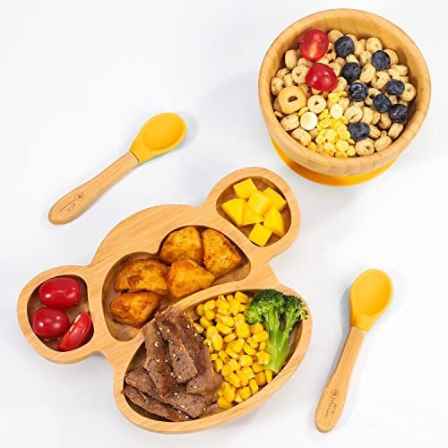 Vinsani Bamboo Monkey Plate Bowl and Spoon Set for Baby Toddler Kids Children, Suction Plate, Stay-Put Non-Slip Base Design, Hypoallergenic, Food-Grade Silicone and BPA-Free Baby Feeding Set (Yellow)