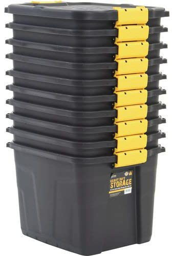 Horison Industries 42L Large Plastic Storage Box with Lid, Storage Organiser Box - 500x400x350mm Heavy Duty Storage Boxes, Black Stackable Storage Boxes for Garage Storage or Home Office - Pack of 10