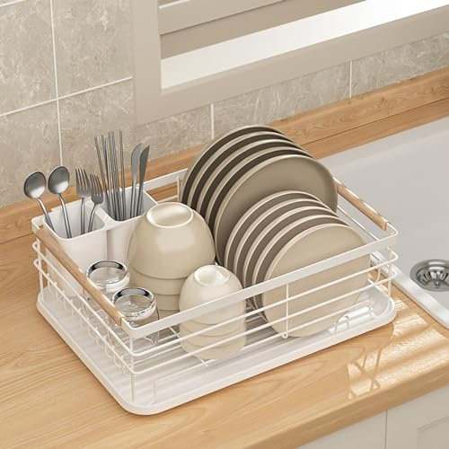 Dish Drainer Rack, Dish Drying Rack with Drip Tray, Dish Sink Drainer Organiser with Removable Cutlery Holder, Metal Plate Dish Rack Drainer with Wooden Handles for Kitchen Sink Counter, White