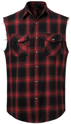 Iris Sprite Chemise décontractée à Carreaux sans Manches en Flanelle boutonnée pour Homme, Coupe Ample avec Poche, Rouge -A112, L
