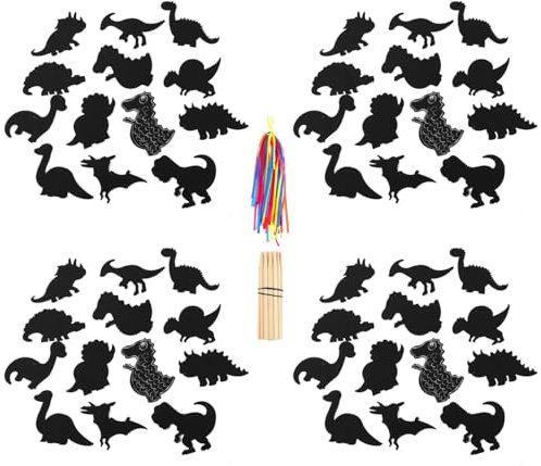 WANGCL 48 Stück Kratzbilder für Kinder, Dinosaurier Kreative Kratzbilder Lesezeichen mit 48 Holzstiften und 48 BäNdern für Geburtstage Party DIY Dekoration