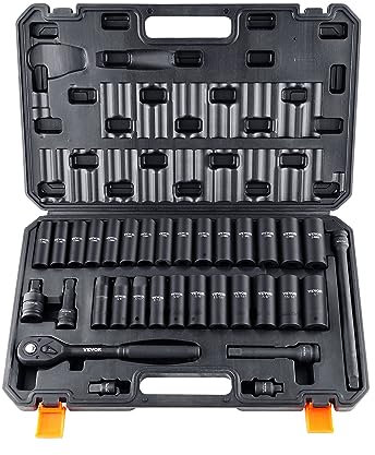 VEVOR 1/2 Drive Impact Socket Set, 33 Piece Socket Set SAE 3/8-1 and Metric 10-24mm, 6 Point Cr-V Alloy Steel for Auto Repair, Easy-to-Read Size Markings, Rugged Construction, Includes Storage Case