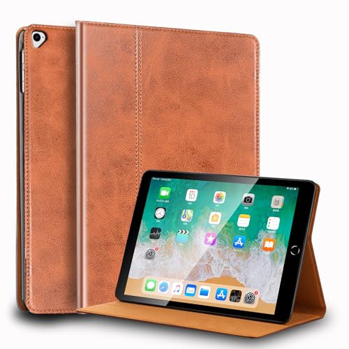 Gexmil Leder Hülle für iPad Pro 12,9 Zoll 2./1. Generation 2017/2015 Echt Leder Hülle Stoßfest, Smart Cover Automatischer Schlaf/Aufwachen,Einstellbarer Ständer rutschfest, Braun
