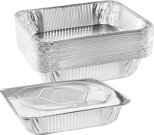 Ulalaza 10 bandejas cuadradas desechables de papel de aluminio de 37 x 27 x 7,4 cm, bandejas para asar, recipientes para hornear, cocinar, almacenar alimentos congelados