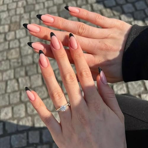 24Pcs French False Nails - Medium Length Almond Press on Nails with Glue - Black Pink Stick on Nails for Women- Elegant Pink Design Fake Nails - Acrylic Full Cover Nails Women Nail Art Accessories