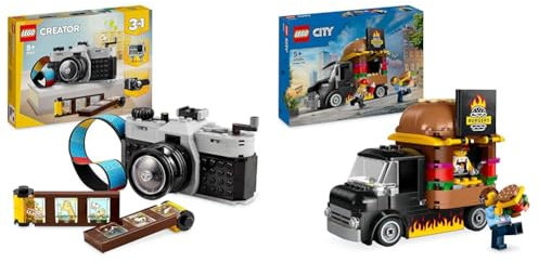 LEGO Creator 3in1 Retro Kamera Spielzeug, Videokamera, TV-Set, Schreibtischdeko & City Burger-Truck, Bauset mit Spielzeug-Auto für 5-jährige Kinder