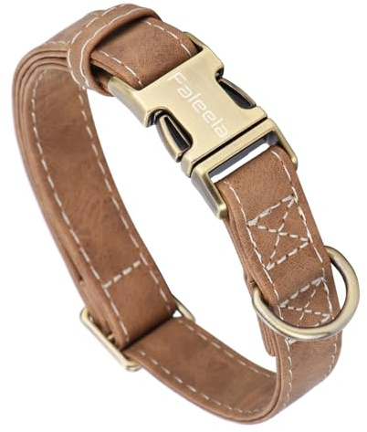 Faleela Hundehalsband aus Leder, langlebig, strapazierfähig, mit Schnellverschluss-Metallschnalle, verstellbar für große, mittelgroße und kleine Hunde (Braun, klein)