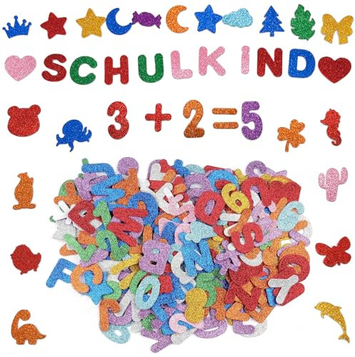 121 Stück Moosgummi Buchstaben Selbstklebende Aufkleber, Glitzer Zahlen Großbuchstaben Kleinschreibung Tier Aufkleber, DIY Handwerk Alphabet Sticker, für Schulkind Schulanfang Einschulung Deko