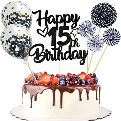 Anlgdi Tortendeko 15. Geburtstag Mädchen Junge, Kuchen Topper Happy 15th Birthday Schwarz, Glitzer Cake Topper 15. Geburtstag Ballon Konfetti Papierfächer für Geburtstagstorte Deko 15 Jahre Kinder