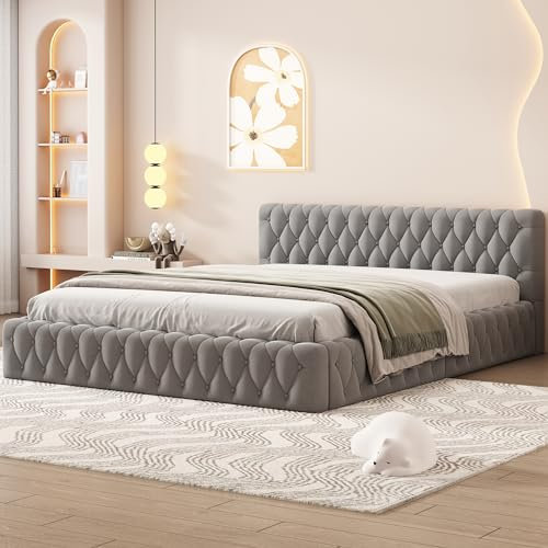 Ctastay Polsterbett Doppelbett 140x200 cm, Bett mit Lattenrost und Kopfteil, Bett Bettgestell, Samt, Grau(Ohne Matratze)