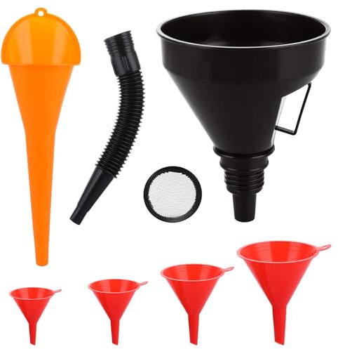 ASelected 6 Pcs Right Angle Flexible Plastic Funnel Set,Universal Funnel For Petrol With Detachable Spout And Long Mouth Funnels for Motorcycle Car Automotive(Red,Orange,Black)